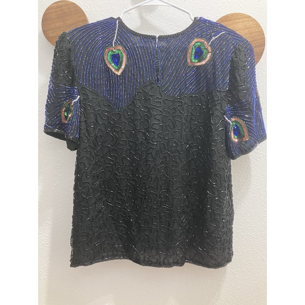 Vintage Night Vogue Sequined Beaded Black Blouse 100% Silk Peacock - Picture 9 of 10